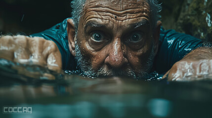 old man with Despair: Hollow gaze, trembling hands, drowning in a sea of hopelessness