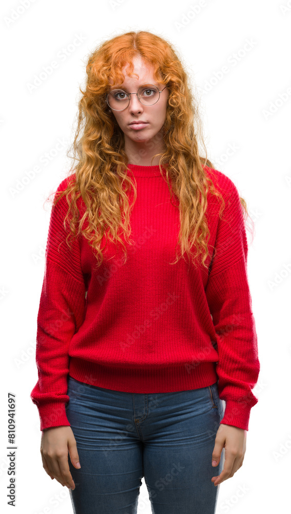 Canvas Prints Young redhead woman wearing red sweater depressed and worry for distress, crying angry and afraid. Sad expression.