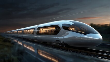 Fototapeta premium Futuristic Glass Train Racing on Railway Track