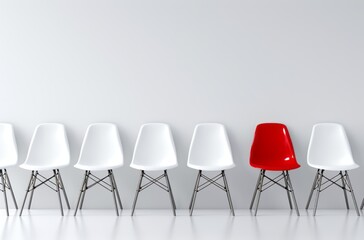 A red chair stands out from the white chairs in front of it, set against a plain background