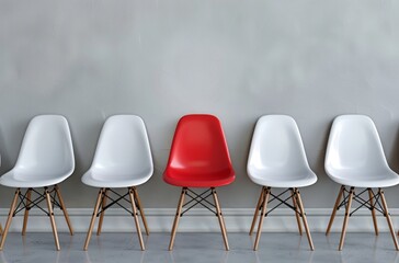 A red chair stands out from the crowd of white chairs on an isolated background, concept for stock photo