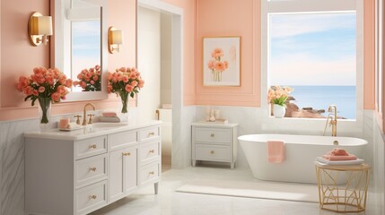 Elegant bathroom interior in peach tones, featuring a freestanding tub, ocean view