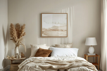 A serene minimalistic landscape in scandi art style with subtle japandi touches in shades of boho neutrals