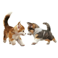 Cute dog and cat playing Isolated on transparent background, png