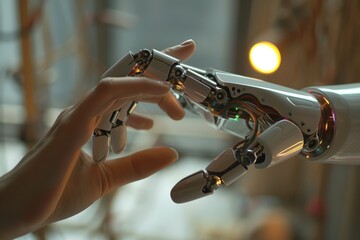 Ai and machine learning technology, human-robot interaction on big data network background. Beautiful simple AI generated image in 4K, unique.