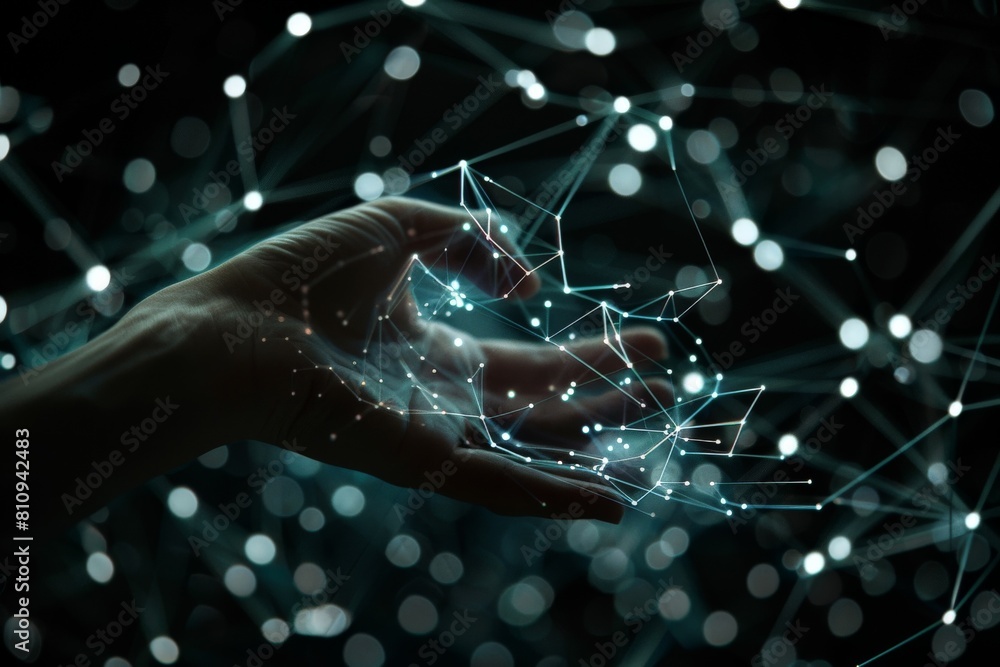 Wall mural robot brain digital data ai global network technology hologram with light and hand of human in sci-f
