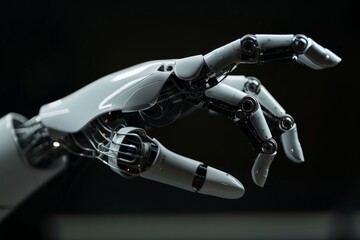 A glowing metal robot arm and a girl's hand on a dark background. Human-robot interactions. Robotics, modern technologies. Beautiful simple AI generated image in 4K, unique.