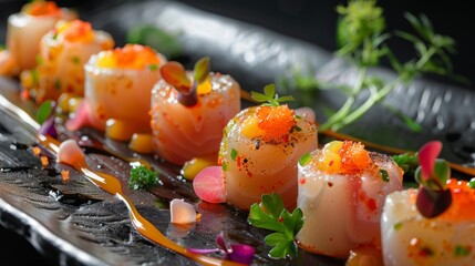 Exquisite presentation of scallop ceviche garnished with colorful edible flowers and microgreens on a sleek