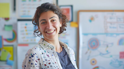 Happy smiling teacher standing confidently in the classroom. Teachers Day concept