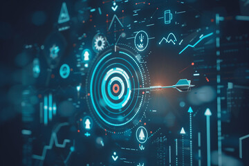 A sharp, focused image of a dart hitting the bullseye on a target, symbolizing precise goal achievement Surrounding the target are various business icons like graphs, charts, and arrows