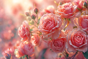 Obraz premium Blooming pink roses in sunlight blurred bokeh background. Garden flowers in soft glow