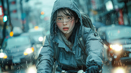 girl in raincoat riding a bicycle between cars