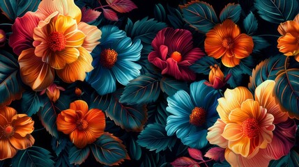 vibrant floral seamless pattern with hand drawn flowers and leaves on dark background