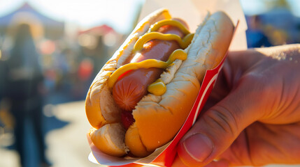 somebody having a hotdog, mustard, ketchup, at a outdoor summer festival, sunny day,  summer time, festival, summer fair, outdoor fun, tents, crowds