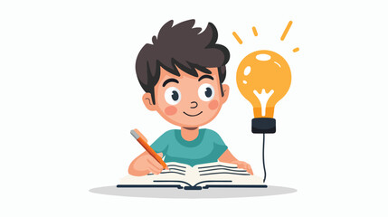 Kid boy writing in a book with idea lamp Vector illustration