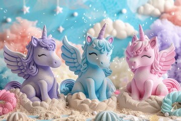 Three pastel-colored unicorns with whimsical expressions