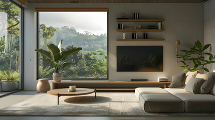 Interior of a modern living room featuring a panoramic window, shelves, and a mockup frame