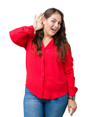 Beautiful plus size young business woman over isolated background smiling with hand over ear listening an hearing to rumor or gossip. Deafness concept.