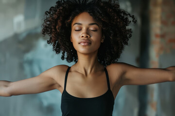 Fototapeta premium A confident young African American woman dances gracefully, finding her flow in a studio. Her movements are fluid and expressive, reflecting her passion for dance. With each step, she exudes