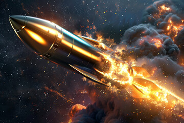 A sleek and shiny rocket with golden accents blasting off with a trail of fiery exhaust octane render
