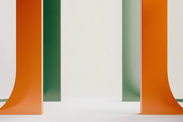 Orange and green striped curtains in a minimalistic setting