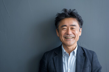 A happy middle-aged Japanese business man is looking away at copy space. The smiling, confident...