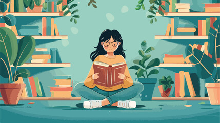 Kid Girl student reading book Vector illustration. Vector