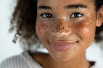A smiling brunette African American girl, a happy pretty young adult woman with freckles on her face, looks at the camera isolated on a white background. The focus is on skincare, hair care cosmetics