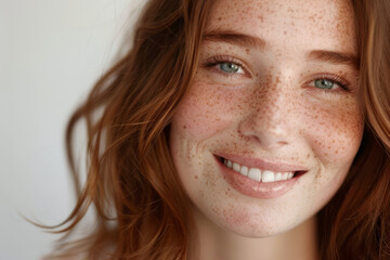 A smiling brunette Caucasian girl, a happy pretty young adult woman with freckles on her face, gazes at the camera against a white background. The emphasis is on skincare, hair care cosmetics for