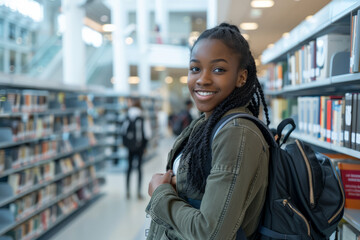A smiling cute pretty African American girl, a positive female teenage high school student, stands in the modern university or college campus library holding her backpack and looking at the camera.