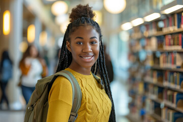 A smiling cute pretty African American girl, a positive female teenage high school student, stands in the modern university or college campus library holding her backpack and looking at the camera.