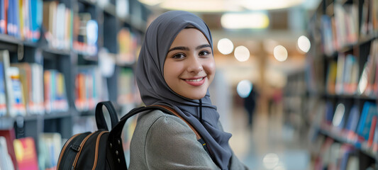 A smiling cute pretty Arab girl, a positive female teenage high school student, stands in the modern university or college campus library holding her backpack and looking at the camera. The portrait