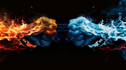 A dark background with two flames, one red and the other blue.