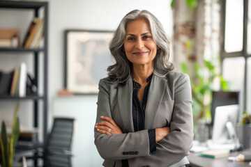 A smiling, happy, and confident Indian old mature professional business woman, a corporate leader and senior middle-aged female executive, stands in her office with arms crossed, projecting confidence