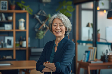 A smiling, happy, and confident Japanese old mature professional business woman, a corporate leader and senior middle-aged female executive, stands in her office with arms crossed, posing for a