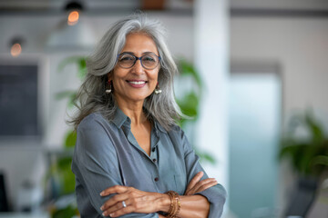 A smiling, happy, and confident Indian old mature professional business woman, a corporate leader and senior middle-aged female executive, stands in her office with arms crossed, projecting confidence