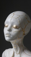 A white statue of an alien woman with gold cracks on her face