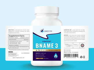 Food supplement multi vitamin label sticker design and dietary omega bottle jar box packaging.