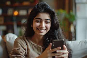 A young smiling beautiful Indian woman holds a smartphone while enjoying a cup of tea or coffee at home. She looks relaxed and happy as she browses an ecommerce shop on her mobile device, adding a