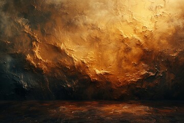 A painting of a cave with smoke rising into the sky