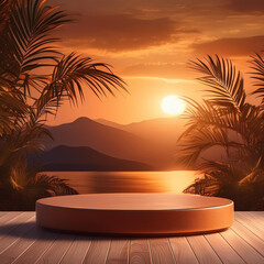 Obraz premium a table with a candle on it and palm trees in the background
