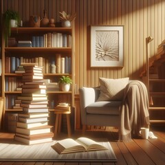 a 3D image of a stack of books in a cozy reading nook.