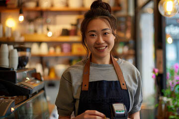 In her cafe, a small business owner, an Asian woman, stands proudly holding a contactless payment machine. She radiates confidence and professionalism, offering modern payment options to her customers