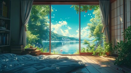 The bedroom has large windows overlooking the lake