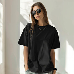 women's black oversized t-shirt with a hood on a girl on a light pastel background