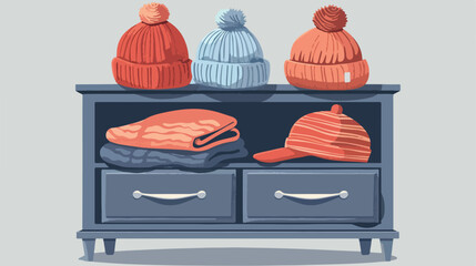 Knitted hats in chest of drawers Vector illustration.