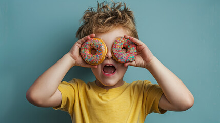A boy is holding two donuts in front of his eyes. He is making a funny face. The donuts are covered in colorful sprinkles