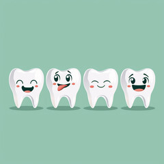 Obraz premium Set of cartoon teeth with different emotions on green medical background