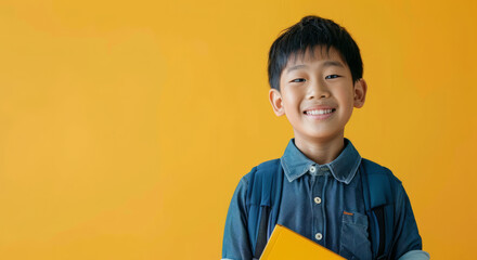 Studio portrait of a smiling Japanese boy with a backpack standing alone against a bright backdrop, gripping a textbook - Powered by Adobe