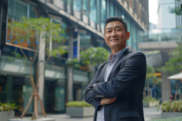 The 45-year-old company CEO executive, radiating happiness and confidence, stands in the heart of the business city with arms crossed, his mind filled with aspirations of future triumphs and the path